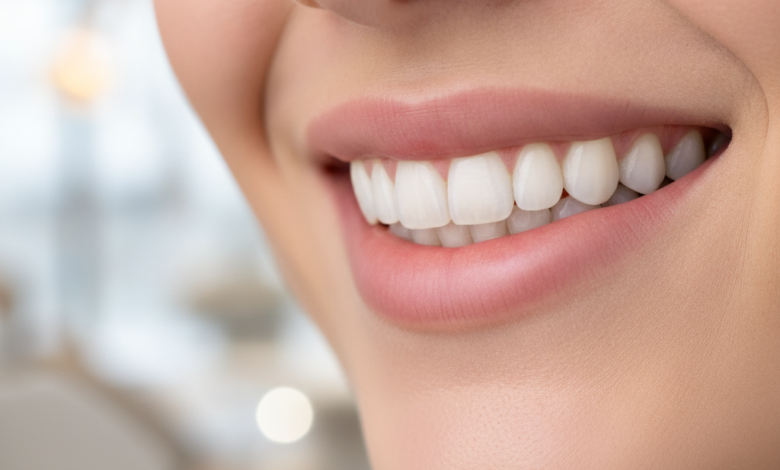 Gros plan d'un sourire sain et confiant avec des dents impeccables et naturelles, dans un environnement de clinique dentaire moderne et flou. L'image évoque le succès et l'esthétique des implants dentaires.