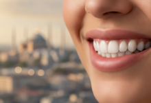 Gros plan photoréaliste sur la bouche et le menton d'une personne souriante, affichant des dents parfaitement alignées et éclatantes. L'arrière-plan est un bokeh flou d'une ville moderne au coucher du soleil, évoquant Istanbul, Turquie, et le tourisme médical.
