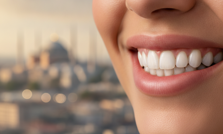 Gros plan photoréaliste sur la bouche et le menton d'une personne souriante, affichant des dents parfaitement alignées et éclatantes. L'arrière-plan est un bokeh flou d'une ville moderne au coucher du soleil, évoquant Istanbul, Turquie, et le tourisme médical.