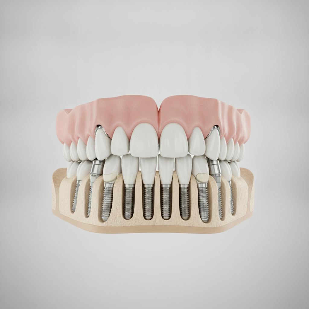 Ancrage stable d'une prothèse dentaire complète Dentier Fixe sur Implants en Turquie, une solution permanente restaurant fonction masticatoire et esthétique dentaire.