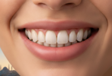Gros plan photoréaliste sur un sourire parfait et des dents saines, avec un arrière-plan flou d'une ville turque emblématique. L'image représente la restauration dentaire et le tourisme médical en Turquie.