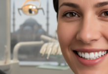 Gros plan photoréaliste sur un sourire confiant avec des dents saines et naturelles. En arrière-plan flou, un intérieur de clinique dentaire moderne et la silhouette indistincte d'un monument turc.