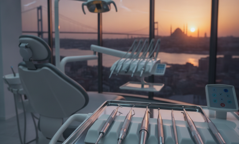Image montrant un intérieur de clinique dentaire moderne et high-tech en gros plan, avec des instruments dentaires stériles au premier plan. En arrière-plan, une vue floue et panoramique du coucher de soleil sur la ville d'Istanbul avec des monuments emblématiques.