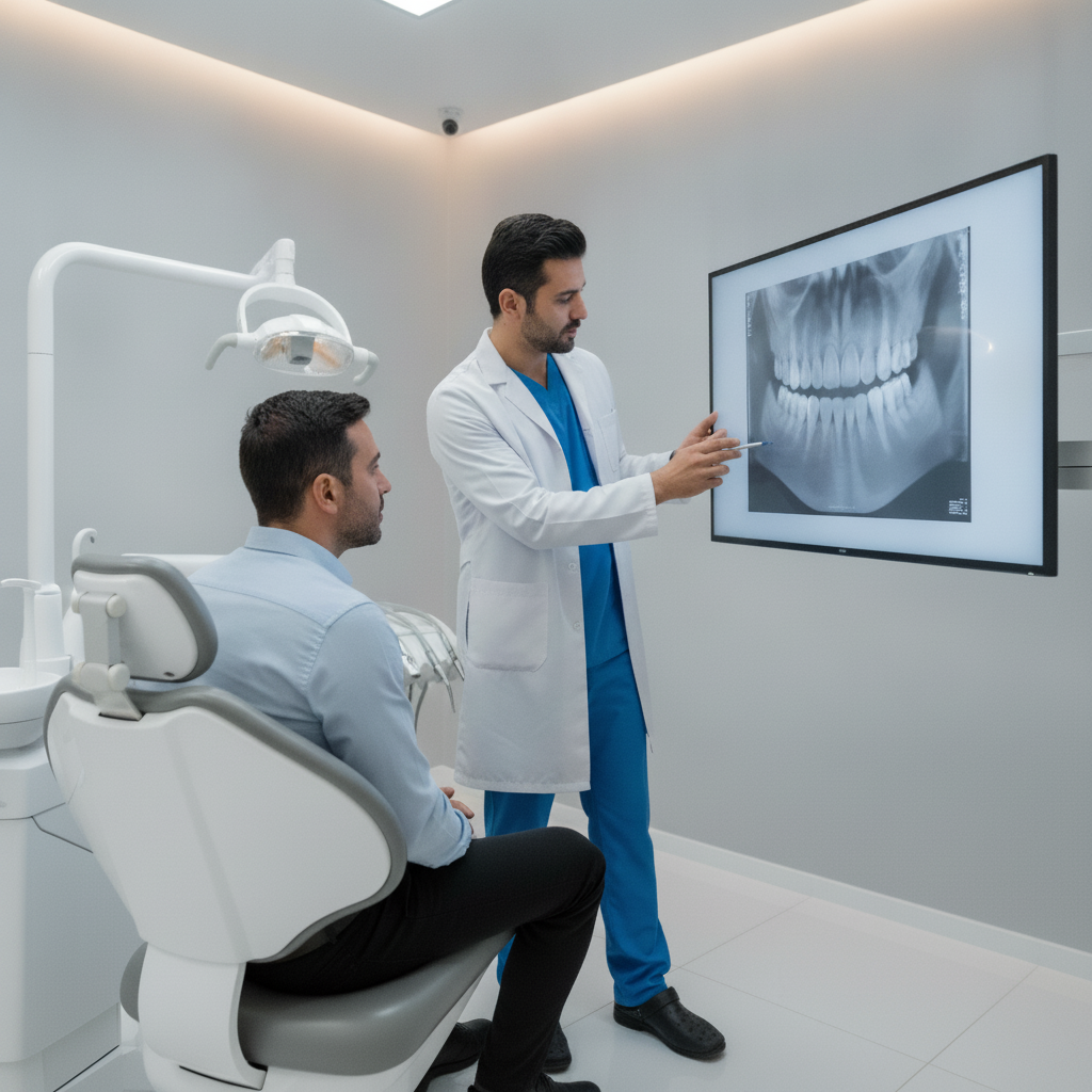 Séjour Dentaire en Turquie : Patient en consultation avec dentiste, examinant un diagnostic sur écran 3D.