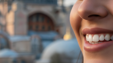 Un sourire radieux et confiant, aux dents parfaitement blanches et alignées, est le point focal. L'arrière-plan est un paysage urbain fortement flouté montrant la silhouette d'un monument historique d'Istanbul, comme la Mosquée Bleue ou Sainte-Sophie, baigné de lumière naturelle douce.