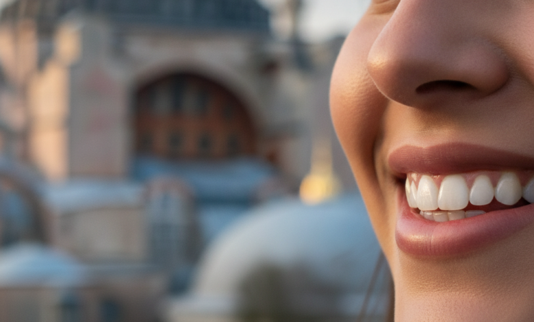 Un sourire radieux et confiant, aux dents parfaitement blanches et alignées, est le point focal. L'arrière-plan est un paysage urbain fortement flouté montrant la silhouette d'un monument historique d'Istanbul, comme la Mosquée Bleue ou Sainte-Sophie, baigné de lumière naturelle douce.