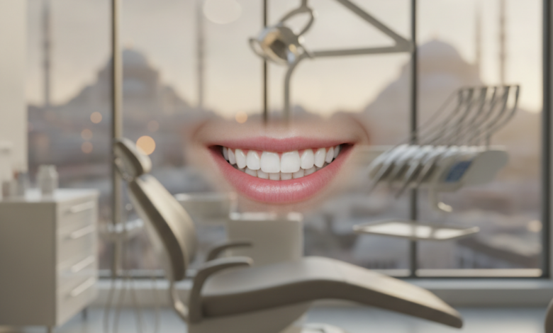 Image photoréaliste et ultra-détaillée d'un sourire éclatant et en parfaite santé au premier plan, avec un effet de bokeh. L'arrière-plan flou révèle un intérieur de clinique dentaire moderne et high-tech, et encore plus flou en fond, une silhouette architecturale d'Istanbul avec des dômes et des minareets.